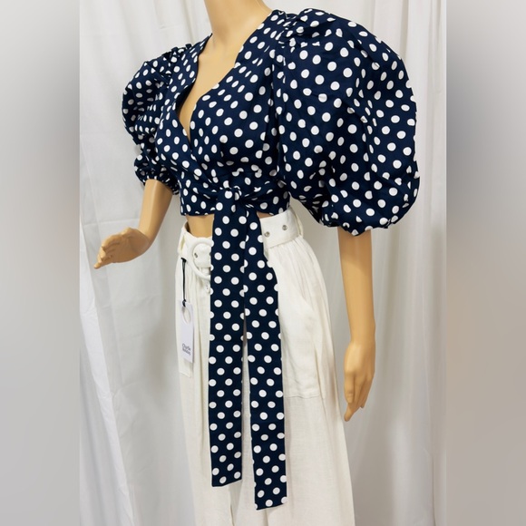 Elegant Cropped Wrap Navy&White Polka Dot Blouse Puff Elbow Length Sleeves M NWT - Picture 4 of 11